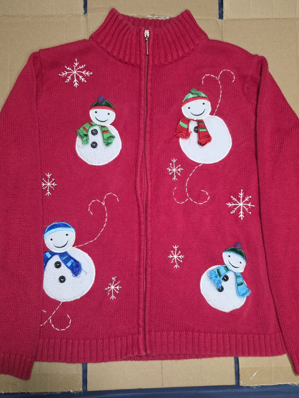 Classic Elements Vintage Sweater Cardigan Womens Large Red Snowman Zip